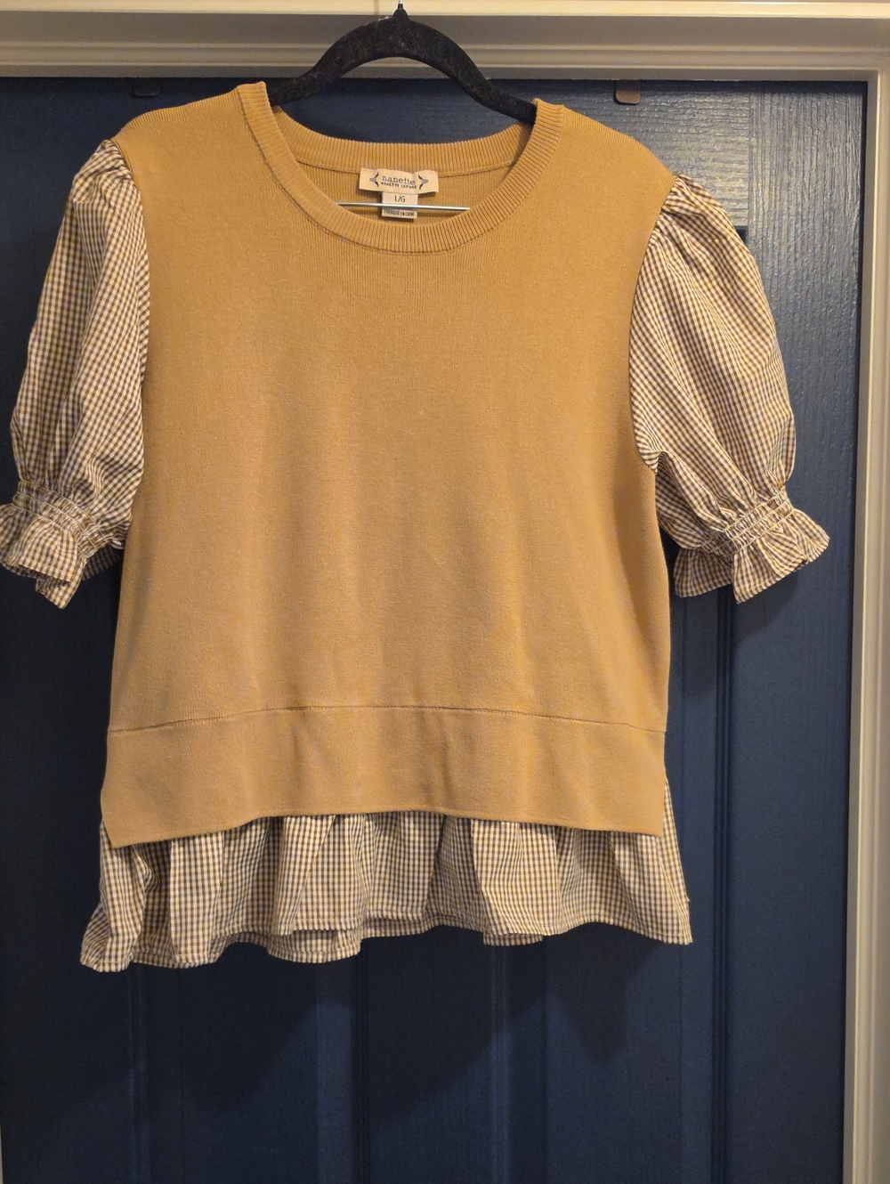 Nanette Lepore Women's Large Tan Gingham Layered Puff-Sleeve Sweater